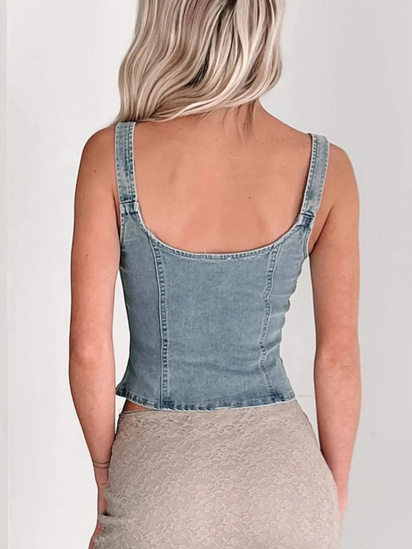 Fitted Denim Corset Tank Top with Front Zip - Slightly Stretchy, 95% Polyester & 5% Spandex, featuring the back design on a model.