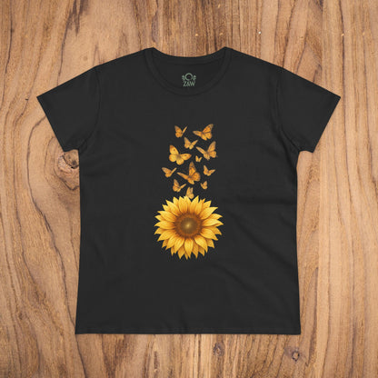 Sunflower & Butterflies Cotton Tee for Women - Stylish cotton tee in black adorned with a colorful sunflower and butterflies print, ideal for a trendy summer look.