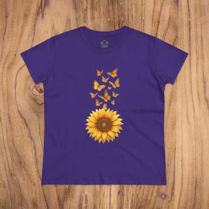 Sunflower & Butterflies Cotton Tee for Women - Eye-catching purple cotton tee showcasing a sunflower and butterfly design, great for casual outings.