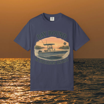 Bay Bound & Bourbon Ready T-Shirt in navy, displaying a boat design with a beautiful sunset, a great choice for beach and water enthusiasts.