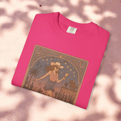 Line Dancer Tarot Tee in vibrant pink cotton, depicting a stylish woman dancing with a cowboy hat, ethically crafted and offered in sizes S-4XL.