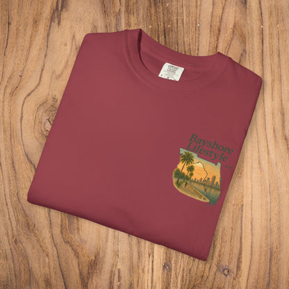 Folded Bayshore Lifestyle Tee in burgundy featuring a stylish graphic design, crafted from 100% cotton lightweight fabric.