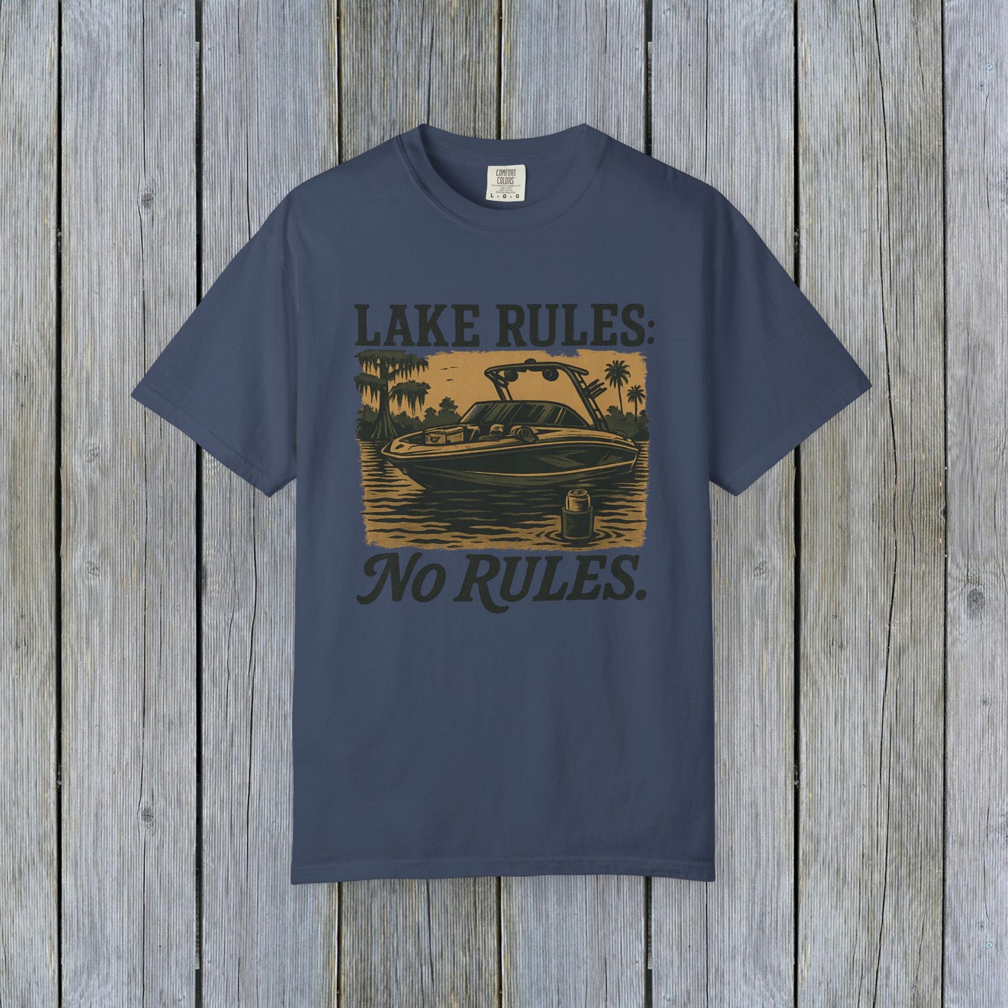 Unisex Garment-Dyed Lake Rules Tee in navy blue, displaying 'Lake Rules: No Rules', perfect for outdoor gatherings and lake adventures.