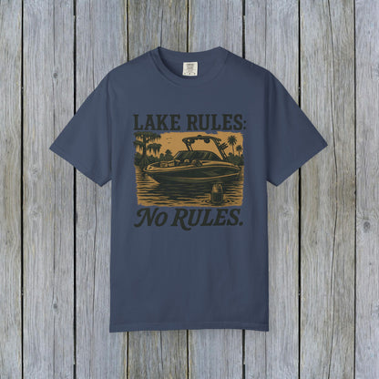 Unisex Garment-Dyed Lake Rules Tee in navy blue, displaying 'Lake Rules: No Rules', perfect for outdoor gatherings and lake adventures.