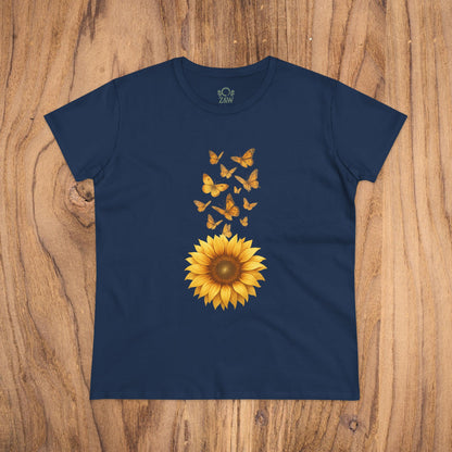 Sunflower & Butterflies Cotton Tee for Women - Elegant navy cotton tee with a beautiful sunflower and butterflies graphic, perfect for adding charm to your outfit.