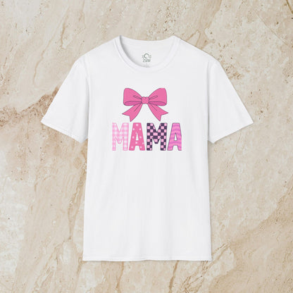 Mama Bow Tee - Seamless 100% Cotton T-Shirt in classic white adorned with a delightful bow and eye-catching 'MAMA' text, a must-have for trendy moms.