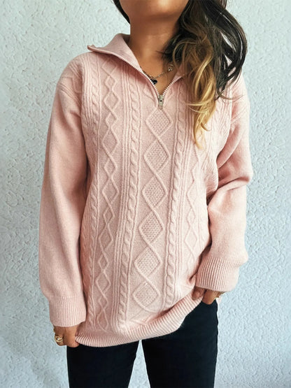 Cozy Cable-Knit Texture Zip Collar Long Sleeve Sweater in light pink color, featuring a zipper collar and a relaxed fit, perfect for a comfortable look.