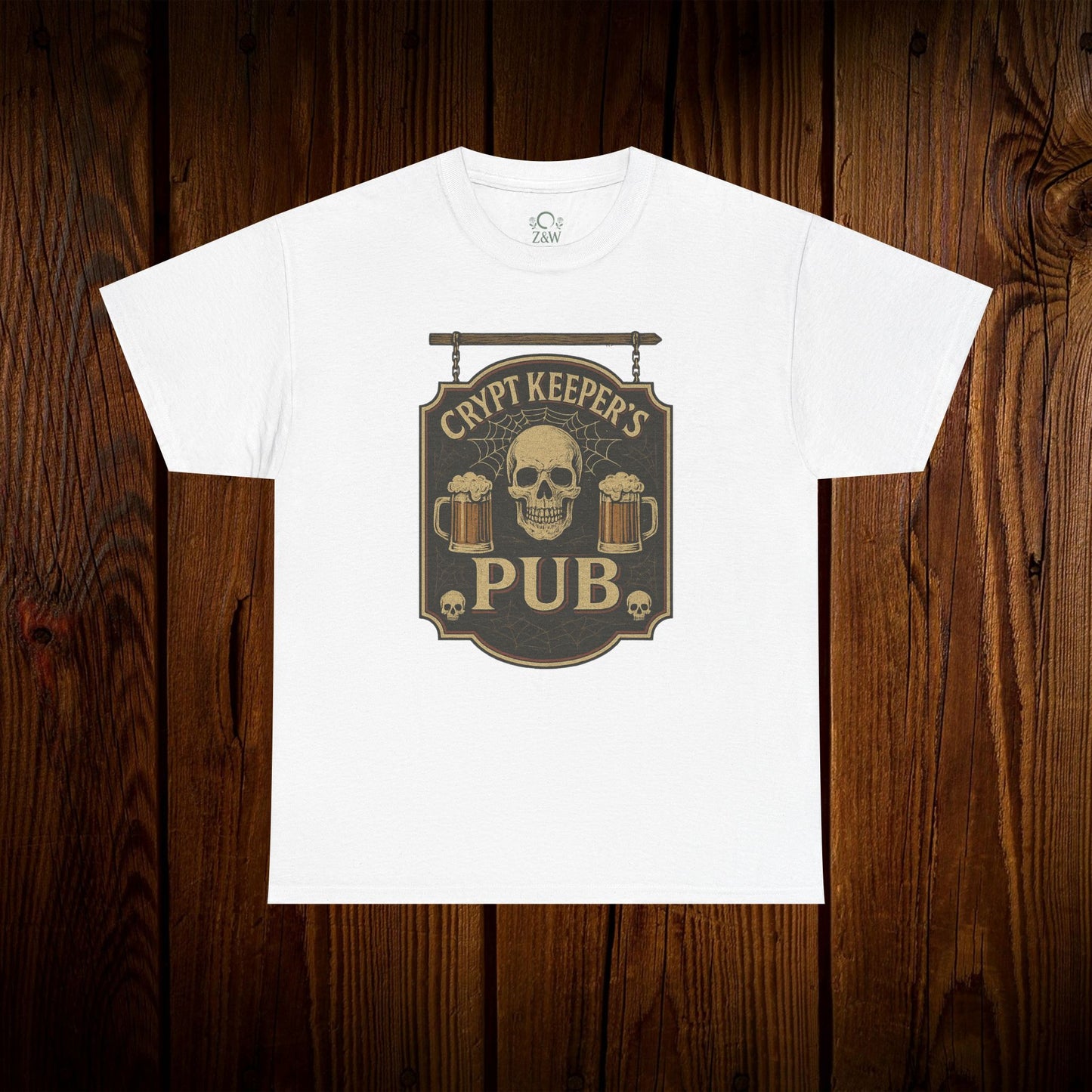 Crypt Keeper's Pub Tee in classic white, featuring a vintage skull and beer mugs design, great for Halloween events and casual wear.