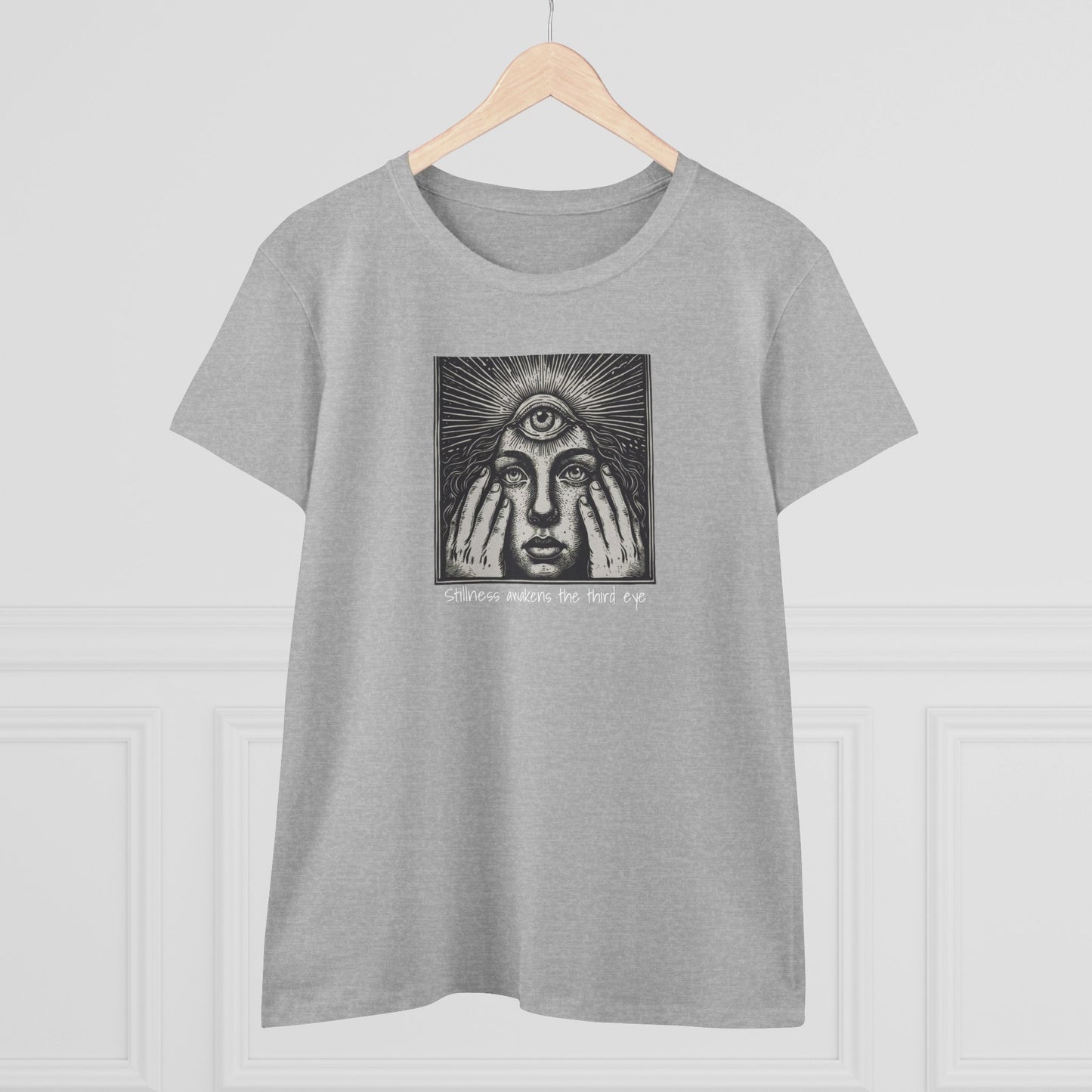 Stylish Third Eye Graphic Tee in gray color, featuring a unique design with a third eye and expressive face. Made from 100% cotton, cropped fit, offering durability and comfort.