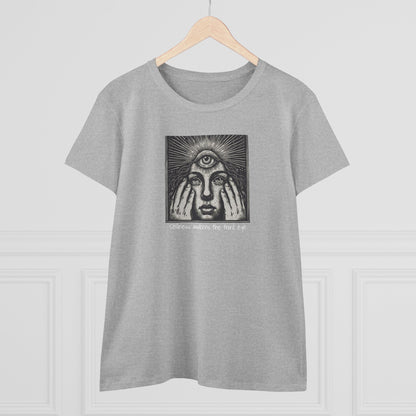 Stylish Third Eye Graphic Tee in gray color, featuring a unique design with a third eye and expressive face. Made from 100% cotton, cropped fit, offering durability and comfort.