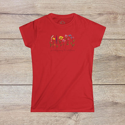 Wildflowers T-Shirt in red highlighted with a vibrant floral illustration and the caption 'you belong among the wildflowers'. Excellent choice for casual outings.