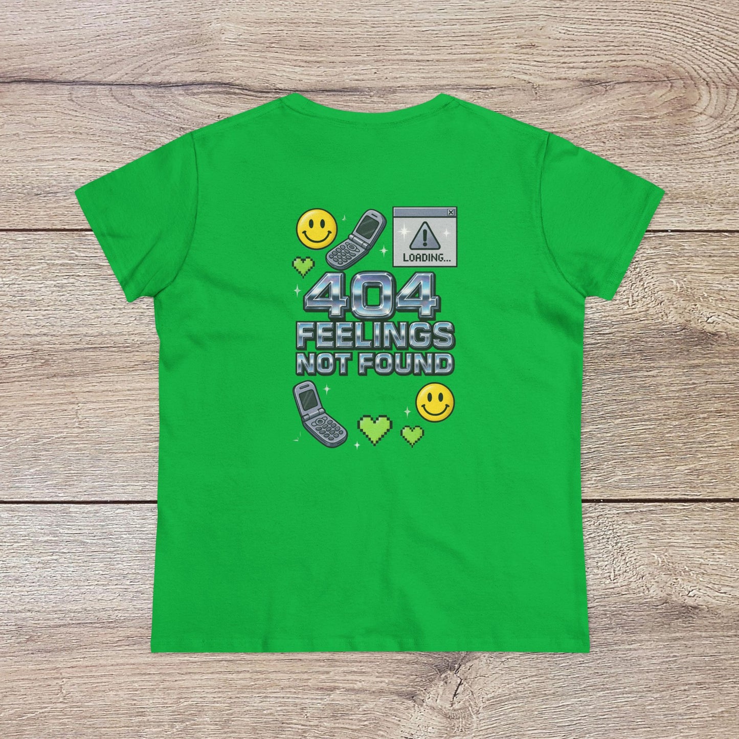 Back view of the 404 Y2K Graphic T-Shirt in green displaying the fun '404 Feelings Not Found' design with loading graphics, perfect for Y2K nostalgia.