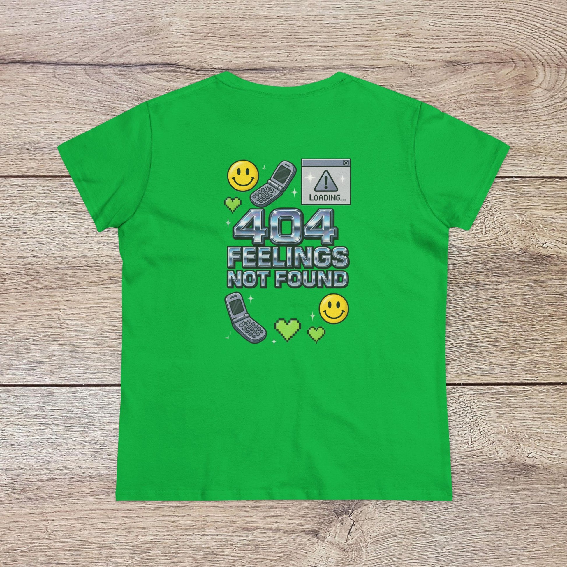 Back view of the 404 Y2K Graphic T-Shirt in green displaying the fun '404 Feelings Not Found' design with loading graphics, perfect for Y2K nostalgia.
