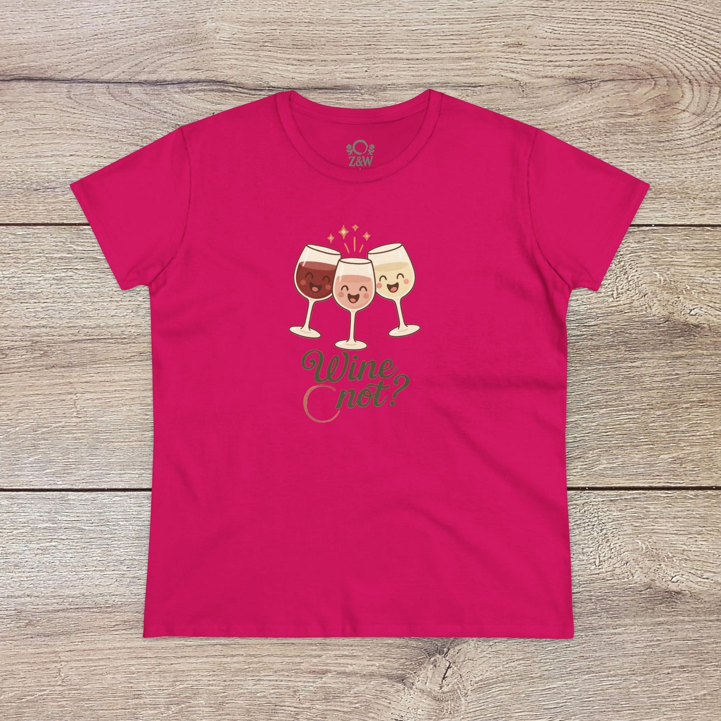 Wine Not Tee in bold pink depicting three joyful wine glasses. Ethically produced with 100% ring-spun cotton for a lightweight, comfortable fit.