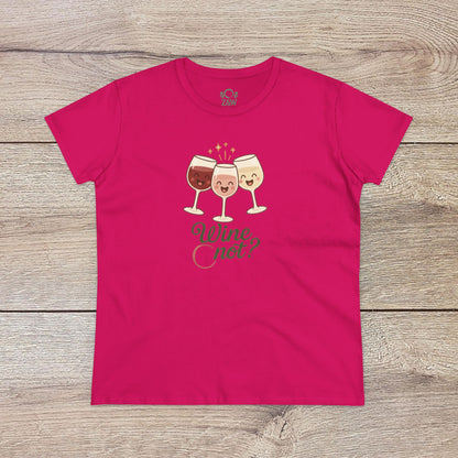 Wine Not Tee in bold pink depicting three joyful wine glasses. Ethically produced with 100% ring-spun cotton for a lightweight, comfortable fit.