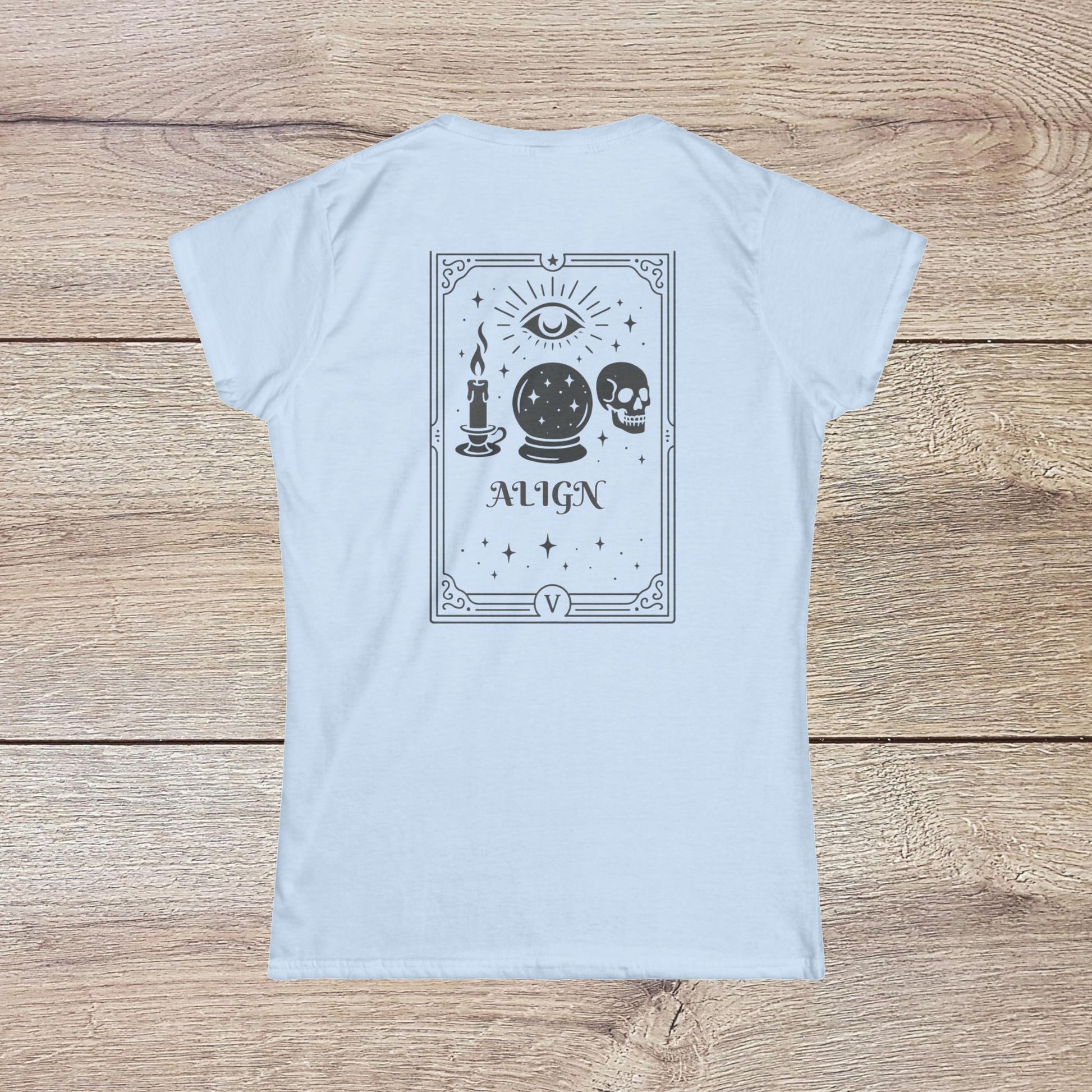 Eco-Friendly Align Tee in light blue, featuring a unique back design with mystical symbols including a candle and a crystal ball, suitable for personalized embroidery.