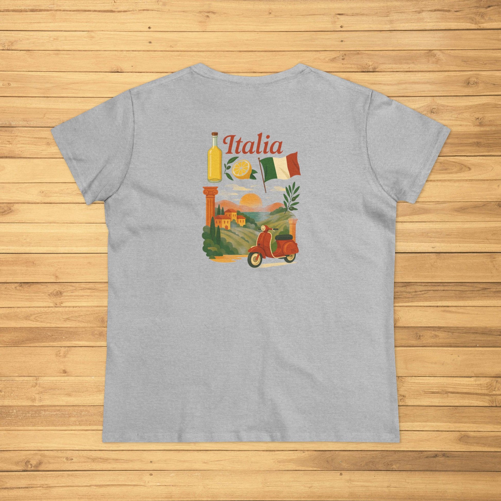 Unisex Ultra Cotton Tee with Italian Heritage Design in gray, showcasing a vibrant Italian-themed graphic on the back, perfect for casual adventures.