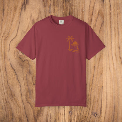 Unisex Sunset Palm Tree T-Shirt in deep burgundy - vibrant garment-dyed cotton tee for men and women, stylish for casual or semi-formal gatherings.