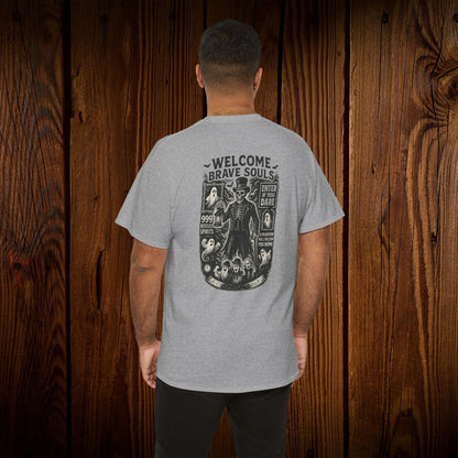 Spooky Halloween Graphic Tee displayed on a model from the back, highlighting the intricate skeleton and ghost design, perfect for daring Halloween outfits.