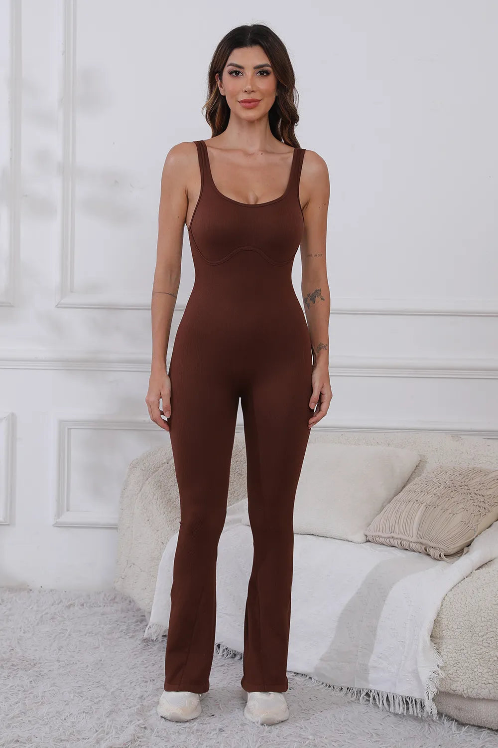 Scoop Neck Wide Strap Active Jumpsuit with Moderate Stretch in brown, offering a fashionable and practical choice for workout apparel.
