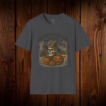 Spooktacular Nights Halloween T-shirt displayed on a wooden background, featuring a graphic design with a skull and pumpkins, perfect for fall parties.