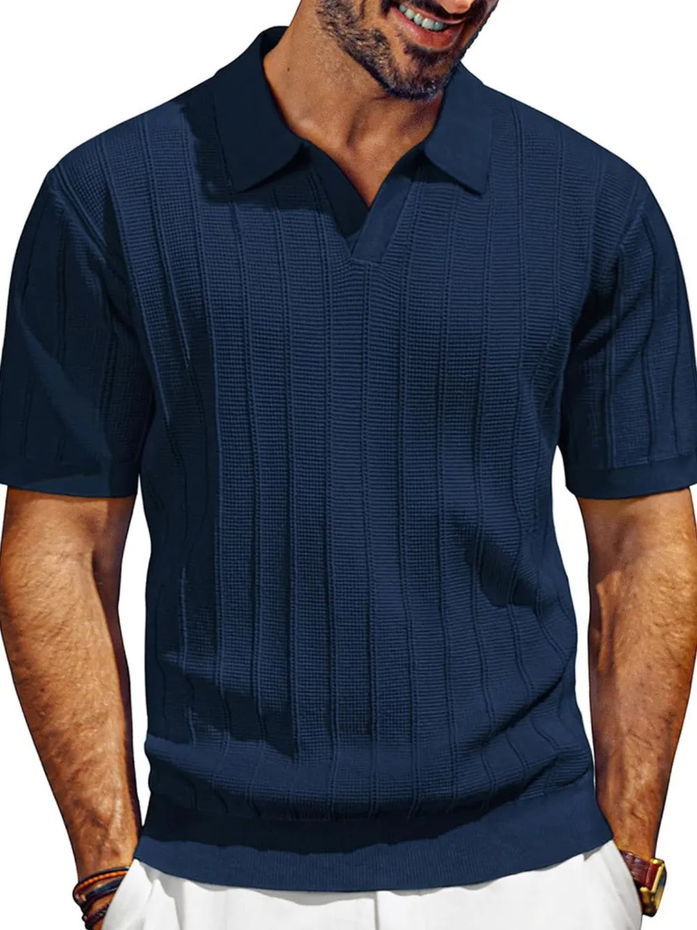 Men's Plus Size Short Sleeve Polo with Textured Collared Neck in navy blue - 100% Polyester, Slightly Stretchy, combines comfort and style for everyday outfits.