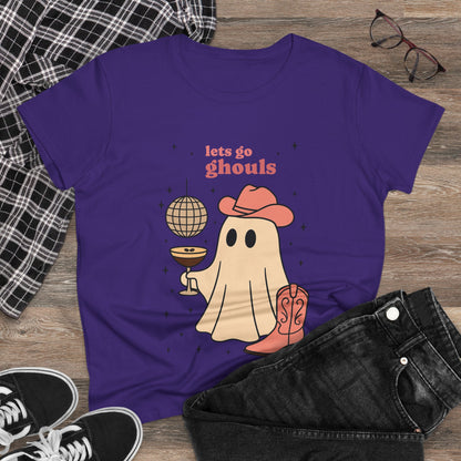 Let's Go Ghouls Tee in purple featuring a fun ghost image with a drink and disco ball, perfect for Halloween parties.