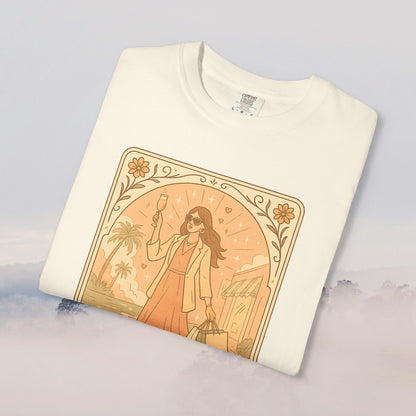 Brunch Babe Tarot Graphic Tee in white color, showcasing a beautiful illustration of a chic woman with a glass, perfect for casual wear, crafted from 100% cotton, available from sizes S to 4XL.