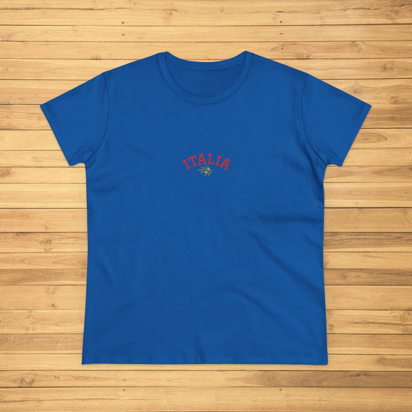 Unisex Ultra Cotton Tee with Italian Heritage Design featuring 'ITALIA' embroidered in red on a blue shirt, perfect for casual adventures.