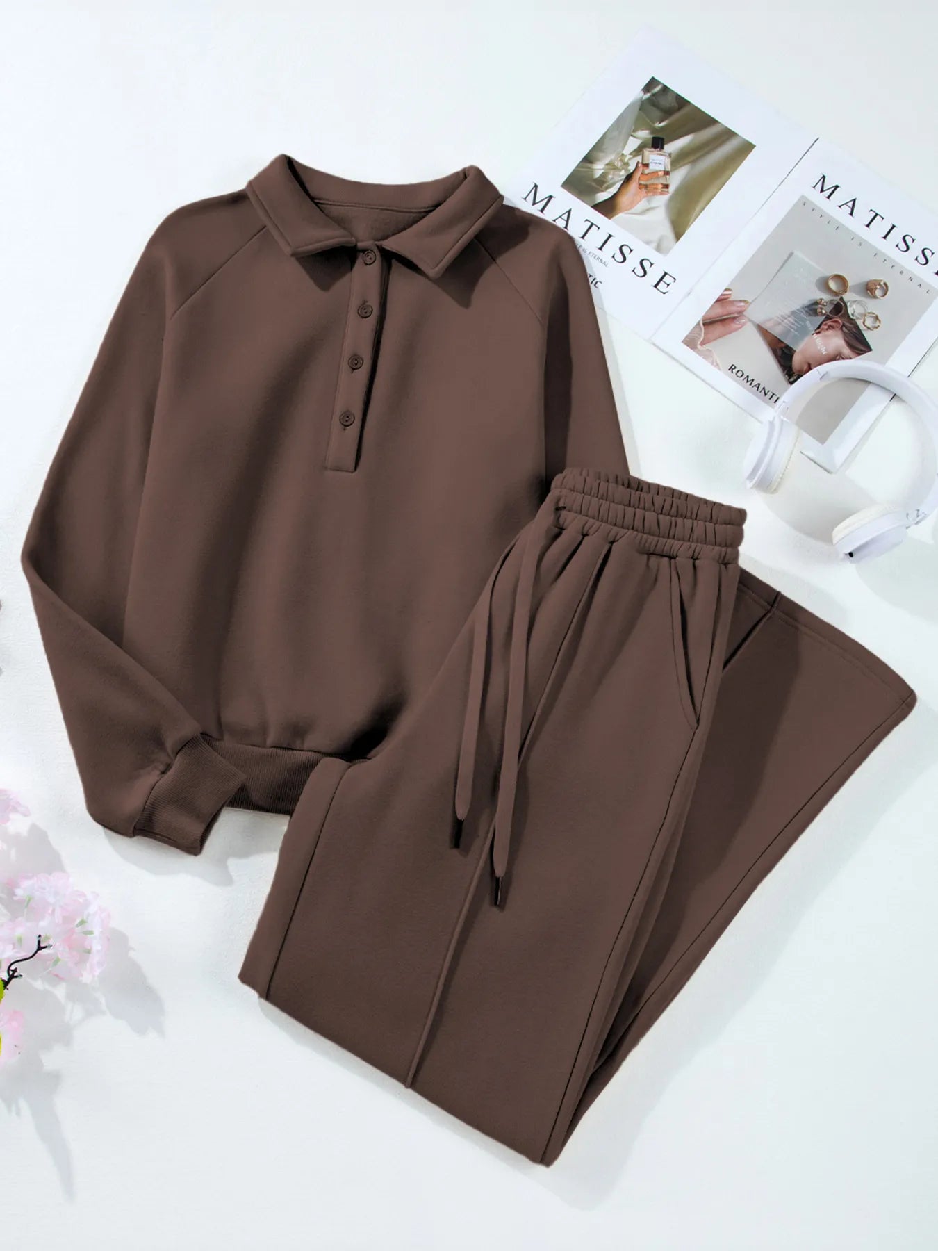 Trendsi Collared Sweatshirt & High Waist Pants Two-Piece Active Set displayed flat, featuring a brown sweatshirt and matching high waist pants, ideal for active lifestyles.