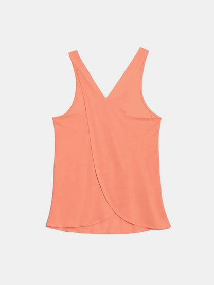 Crisscross Scoop Neck Tank Top for Active Wear in coral color, featuring a stylish V-neck and a modern, flowy design for comfort during workouts.