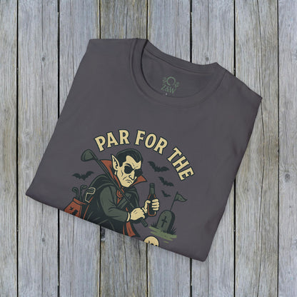 Dark gray Funny Halloween Unisex T-Shirt displaying the 'Par For The Curse' graphic, a great addition to your spooky wardrobe.