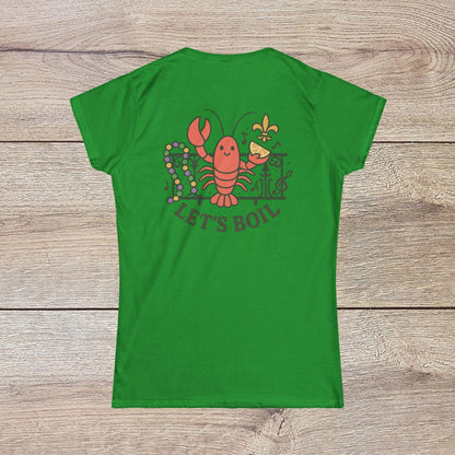 Crawfish Boil Shirt for Women - Back view of a green tee displaying a vibrant crawfish illustration with 'LET'S BOIL', perfect for fun summer events and celebrations.