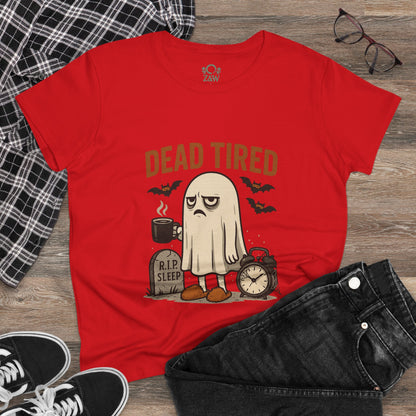 Trendy Cute Whimsical Ghost T-Shirt for Halloween in red, featuring a playful ghost illustration and 'DEAD TIRED' text, great for relaxed styling.