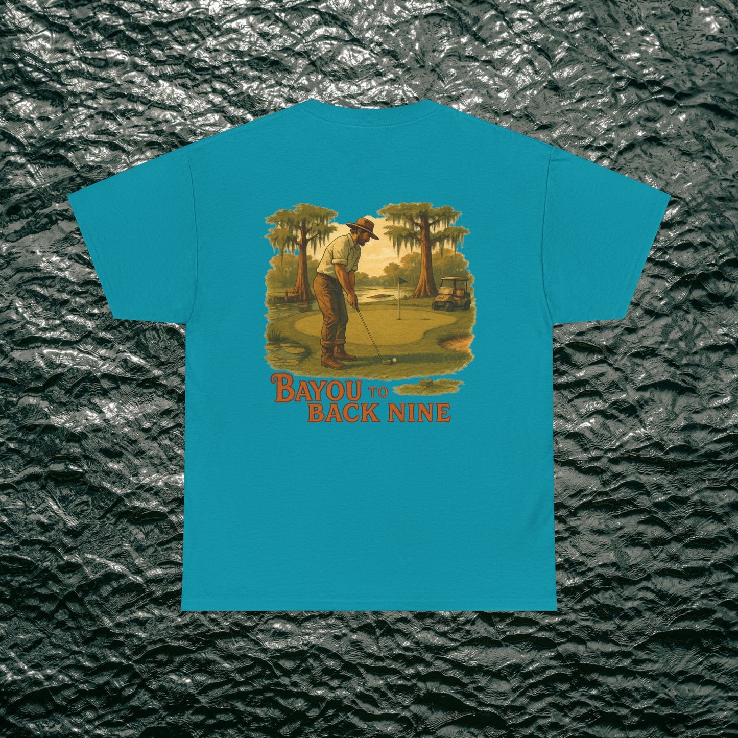 Bayou To Back Nine Softstyle Golf Tee - Eye-catching turquoise t-shirt showcasing a golfer illustration, ideal for relaxed social gatherings.