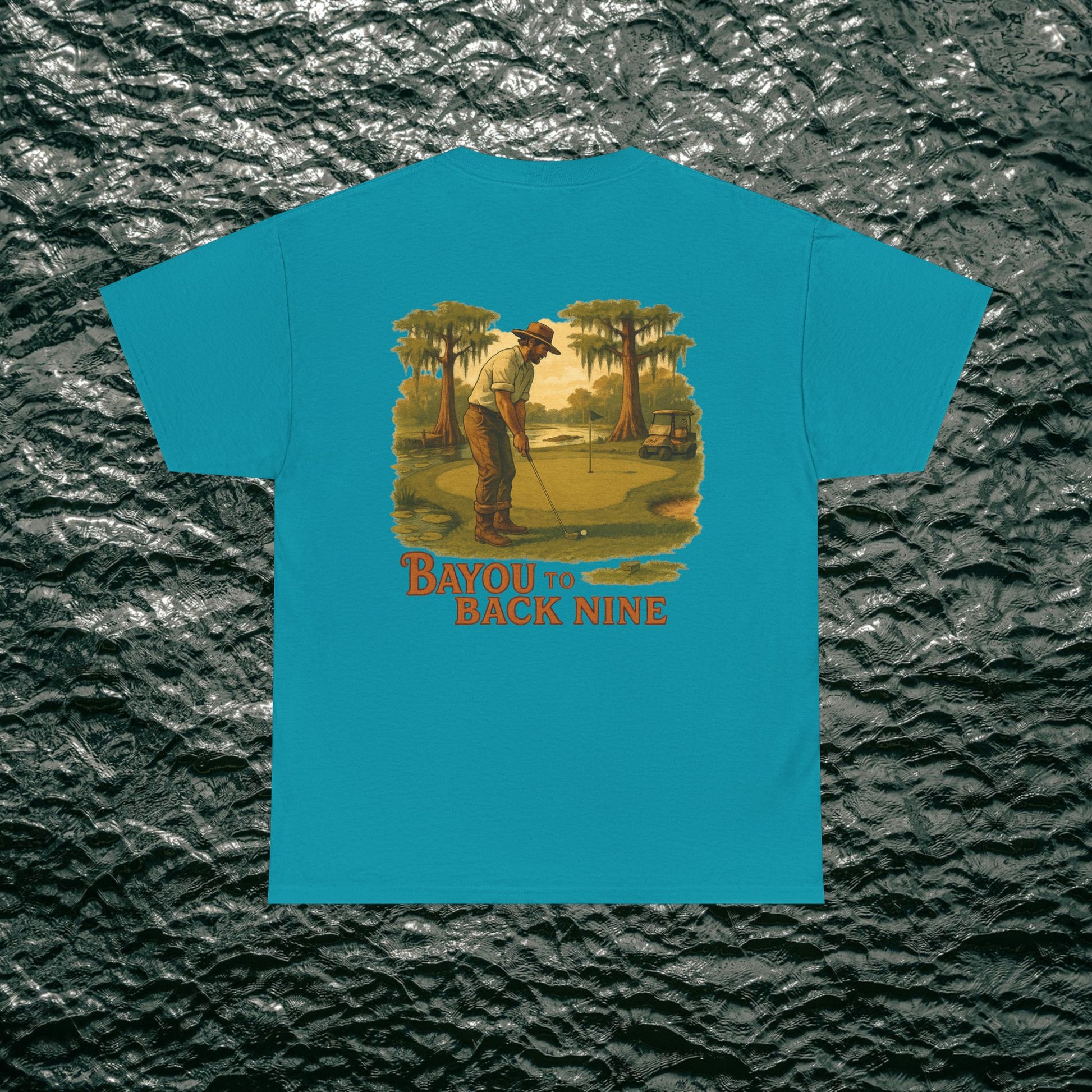Bayou To Back Nine Softstyle Golf Tee - Eye-catching turquoise t-shirt showcasing a golfer illustration, ideal for relaxed social gatherings.