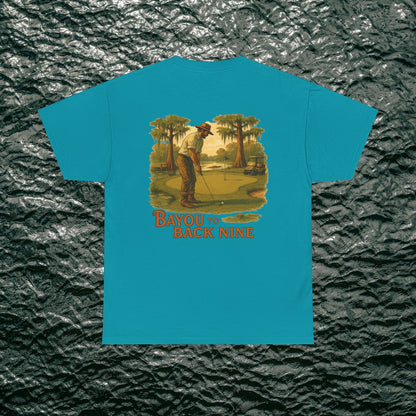 Bayou To Back Nine Softstyle Golf Tee - Eye-catching turquoise t-shirt showcasing a golfer illustration, ideal for relaxed social gatherings.
