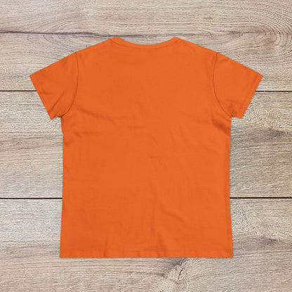 Back view of the vibrant orange 'Wine Not Tee' highlighting its simplistic design, crafted from 100% ring-spun cotton without side seams.