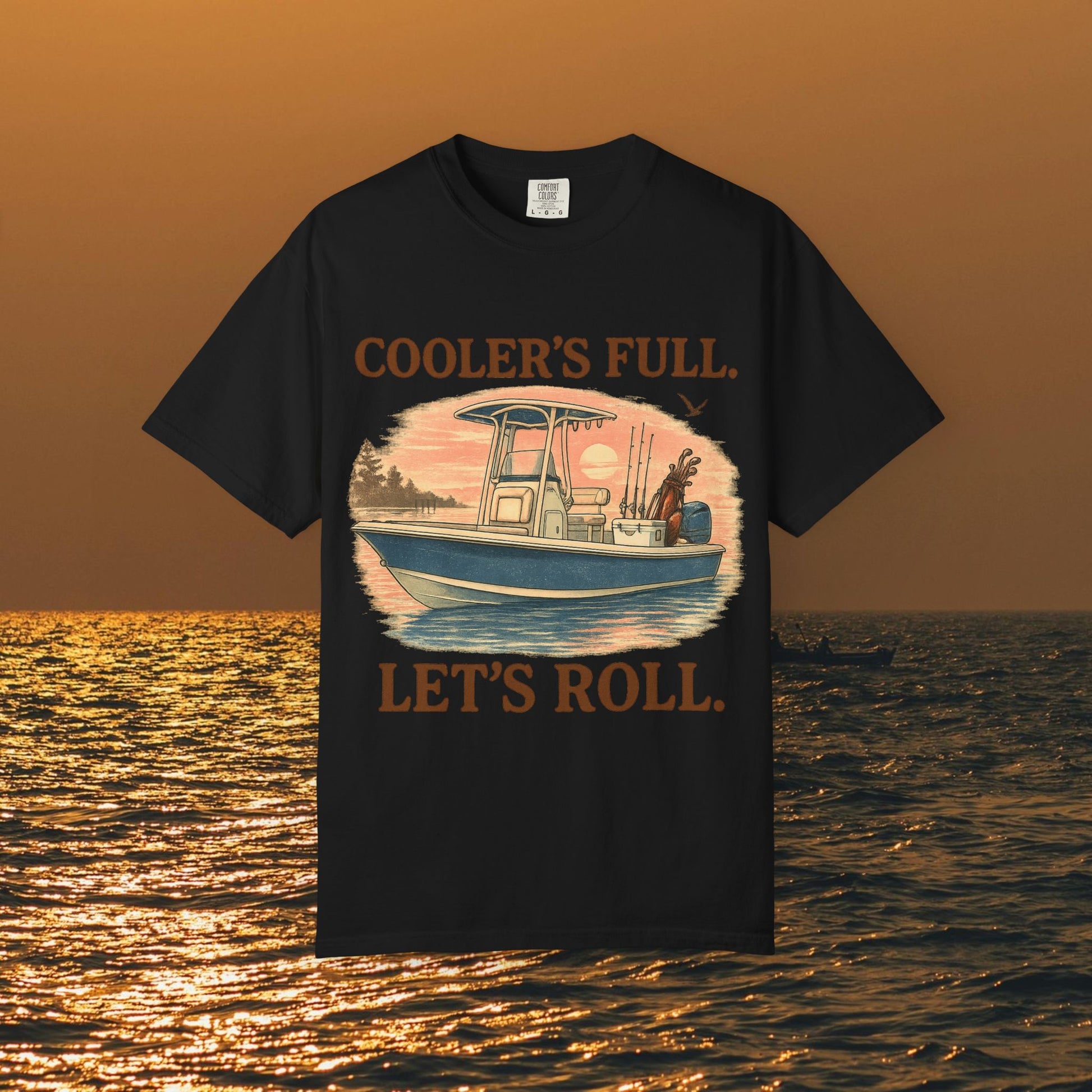 Men's & Women's Durable Cotton Full Tee in black showcasing a fishing boat illustration with 'Cooler's Full. Let's Roll.' text. Perfect fit available from sizes S to 4XL.