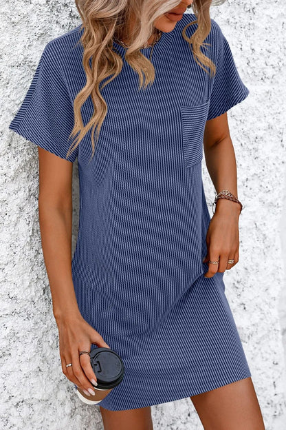 Mandy Ribbed Striped Mini Tee Dress with Pockets in blue, featuring short sleeves, a pocket, and made of opaque stretchy fabric, suited for casual wear.