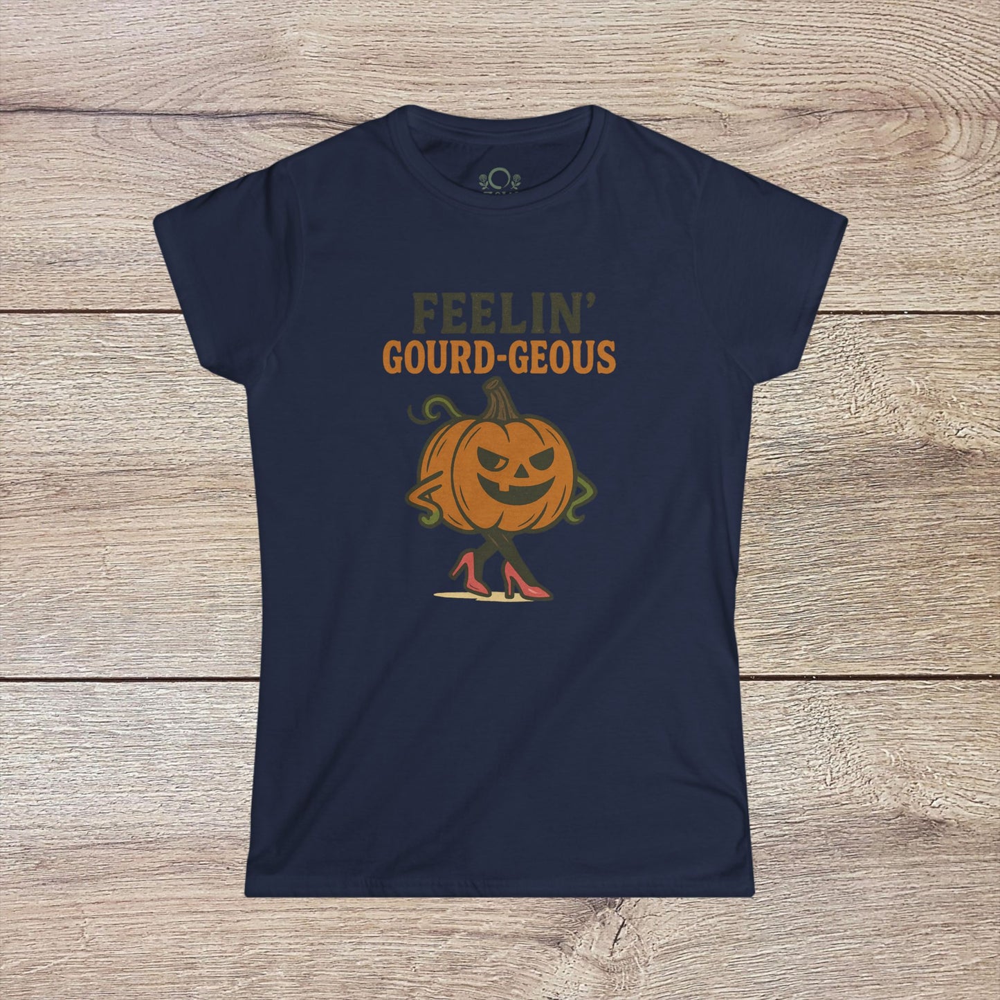 Gourd-geous Halloween Pumpkin T-Shirt in navy, showcasing a fun pumpkin in heels, ideal for casual fall styles and Halloween celebrations.