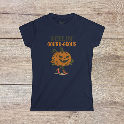Gourd-geous Halloween Pumpkin T-Shirt in navy, showcasing a fun pumpkin in heels, ideal for casual fall styles and Halloween celebrations.