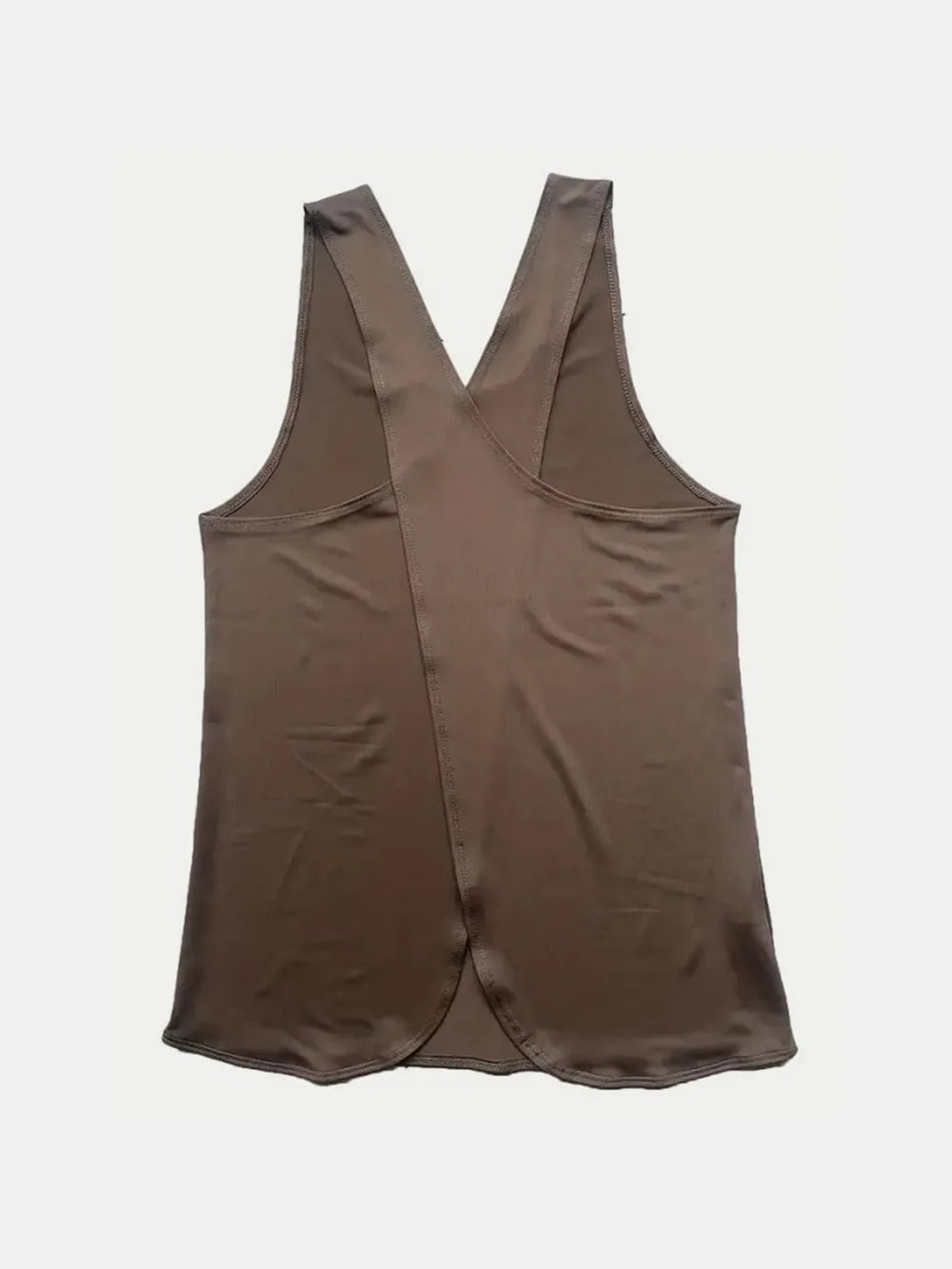 Back view of the Crisscross Scoop Neck Tank Top for Active Wear in brown, showcasing its unique crossback style, made with 78% polyester.