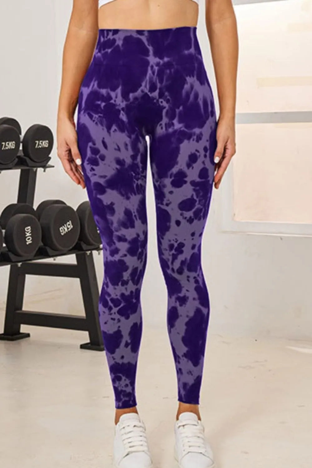 Slightly Stretchy Tie-Dye High Waist Active Leggings in vibrant purple color, designed for comfort and style.