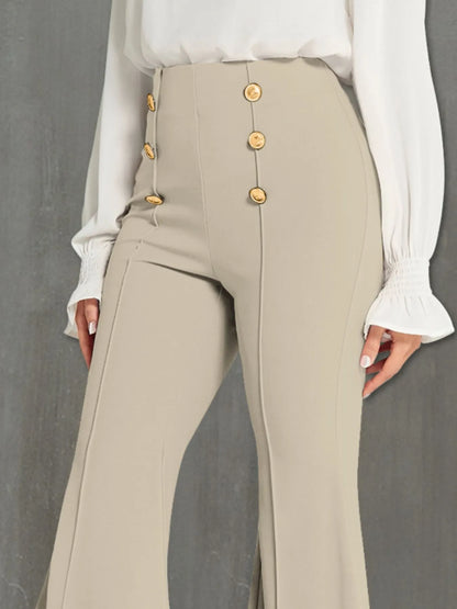 Stylish High Waisted Flare Pants with Decorative Buttons - Close-up detail of the decorative buttons on the front, emphasizing the chic design and quality material.