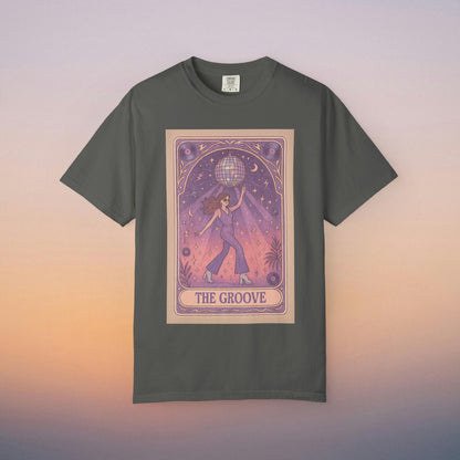 Groove Tarot Graphic Tee in dark gray, showcasing a unique illustration of a character balancing a globe against a mystical starry backdrop. Crafted from 100% ring-spun cotton, this unisex tee is offered in sizes S-4XL.