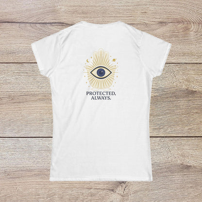 Back view of the Ladies' V-Neck T-Shirt featuring a striking graphic design with the phrase 'PROTECTED, ALWAYS' for a positive vibe.