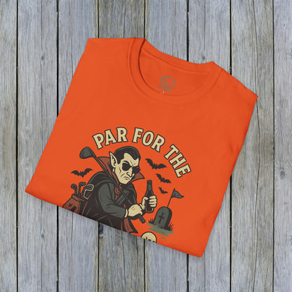 Bright orange Funny Halloween Unisex T-Shirt showcasing 'Par For The Curse' graphic, great for spooky seasonal wear.