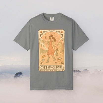 Brunch Babe Tarot Graphic Tee in gray, 100% cotton, featuring unique artwork, perfect for casual style, available in sizes S-4XL.
