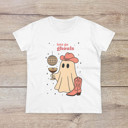 Let's Go Ghouls Tee featuring a cute ghost in a cowboy hat, holding a disco ball, perfect for Halloween festivities. Available in soft, 100% cotton material.